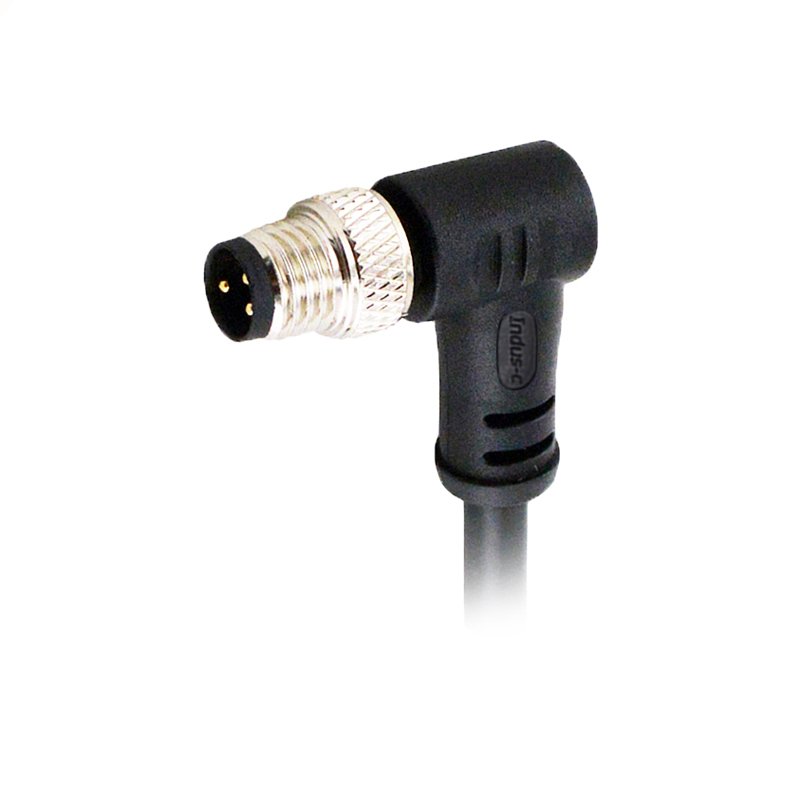 M8 3pins A code male right angle molded cable,unshielded,PVC,-10°C~+80°C,24AWG 0.25mm²,brass with nickel plated screw
